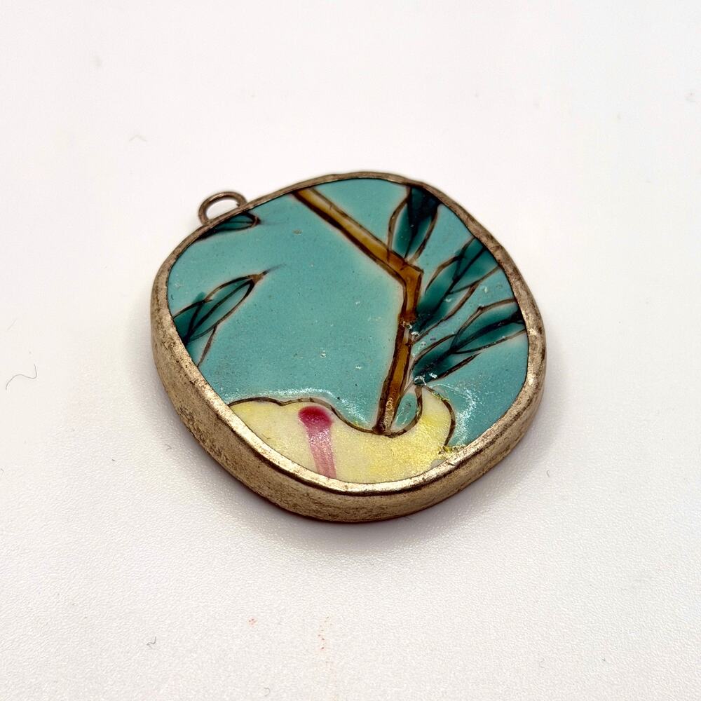 Vintage 90s Turquoise Hand Painted Porcelain Shard Bamboo Statement Pendant